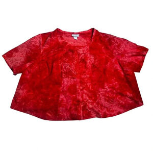 Liz & Me -Red Sheer Floral Burnout Blouse Women’s Short Sleeve Lightweight Top